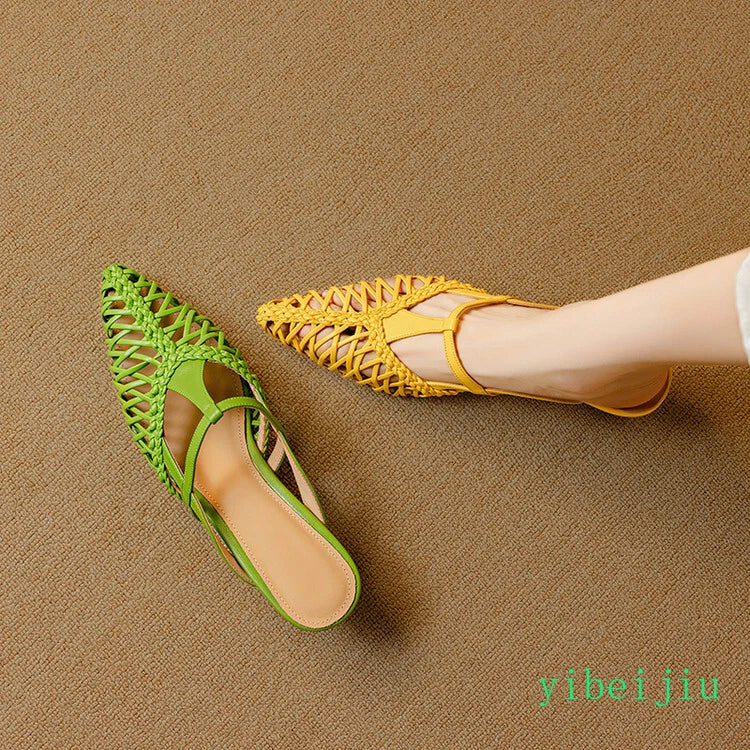 Women's Pointed Toe Hollow Out Weave Slides Mules Sandals Dress Shoes Leather OL