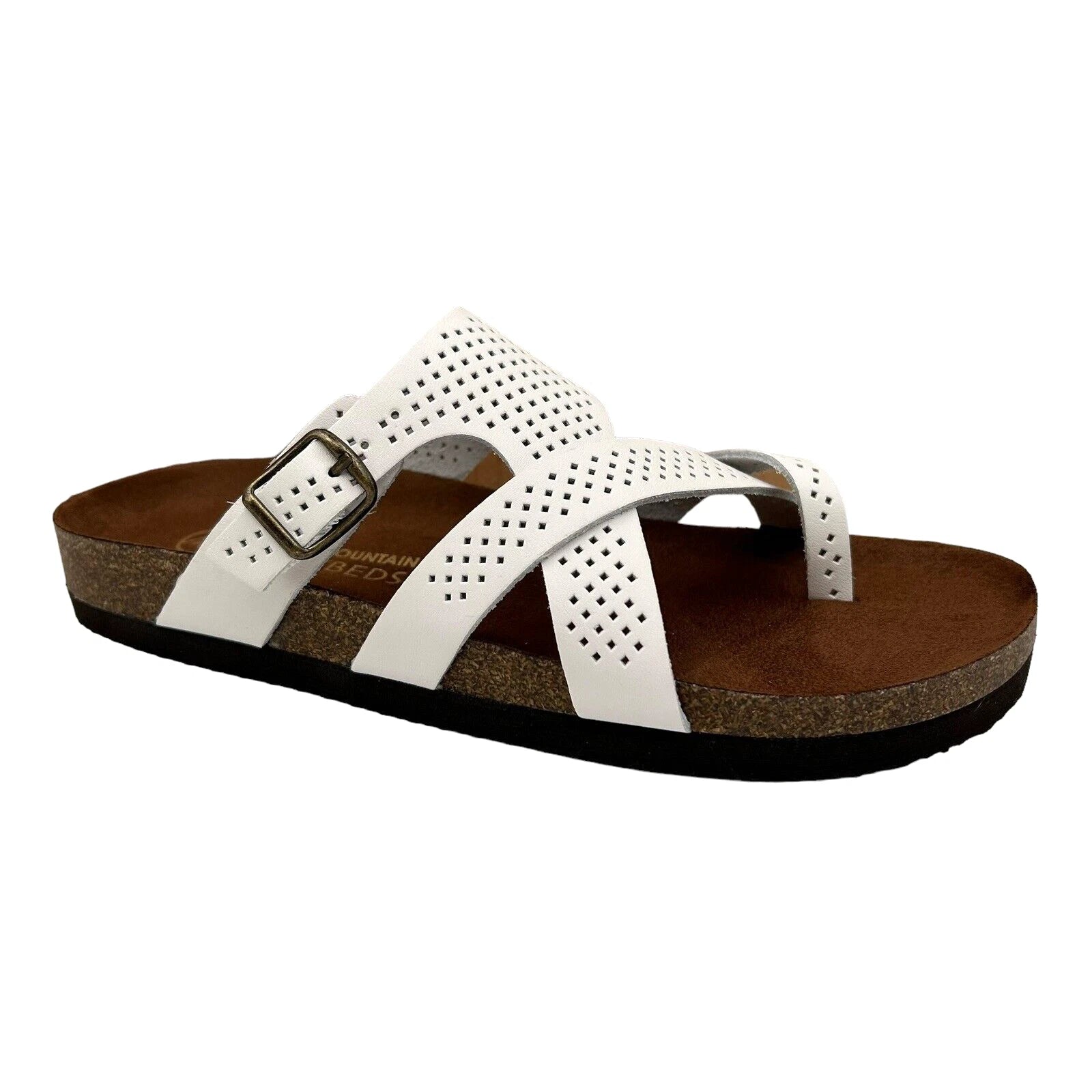 White Mountain Women's Leather Slide Sandals Size 9 White/Brown Toe Loop Style