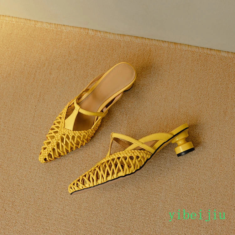 Women's Pointed Toe Hollow Out Weave Slides Mules Sandals Dress Shoes Leather OL