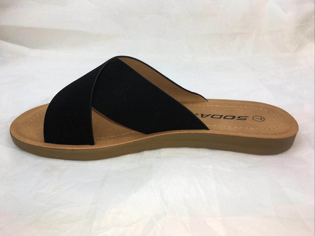 SODA-REFLECT-BLACK NUBUCK PU X BANDS Slide CASUAL Fashion Women Sandal Slip On