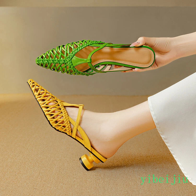 Women's Pointed Toe Hollow Out Weave Slides Mules Sandals Dress Shoes Leather OL