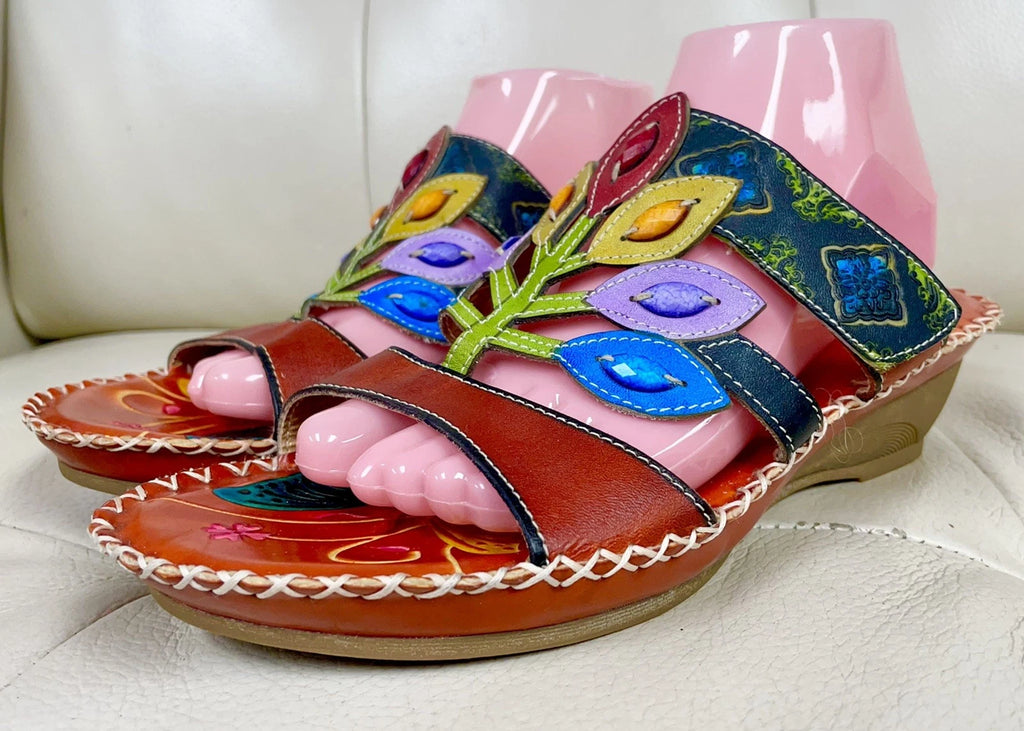 Socofy Colorful Sandals Women’s EU 42 US 10 Leather Leaf Cutout Style Slip On