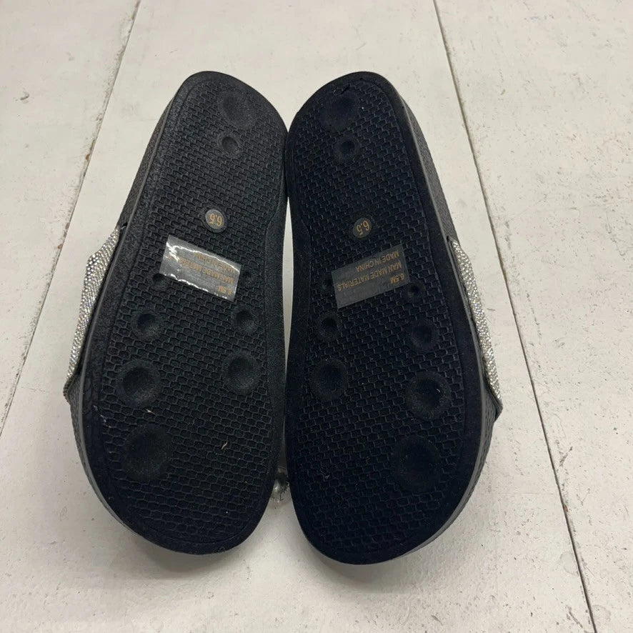 Fashion Nova Black & Silver Rhinestone Slip-On Slide Sandals Women's Size 6.5