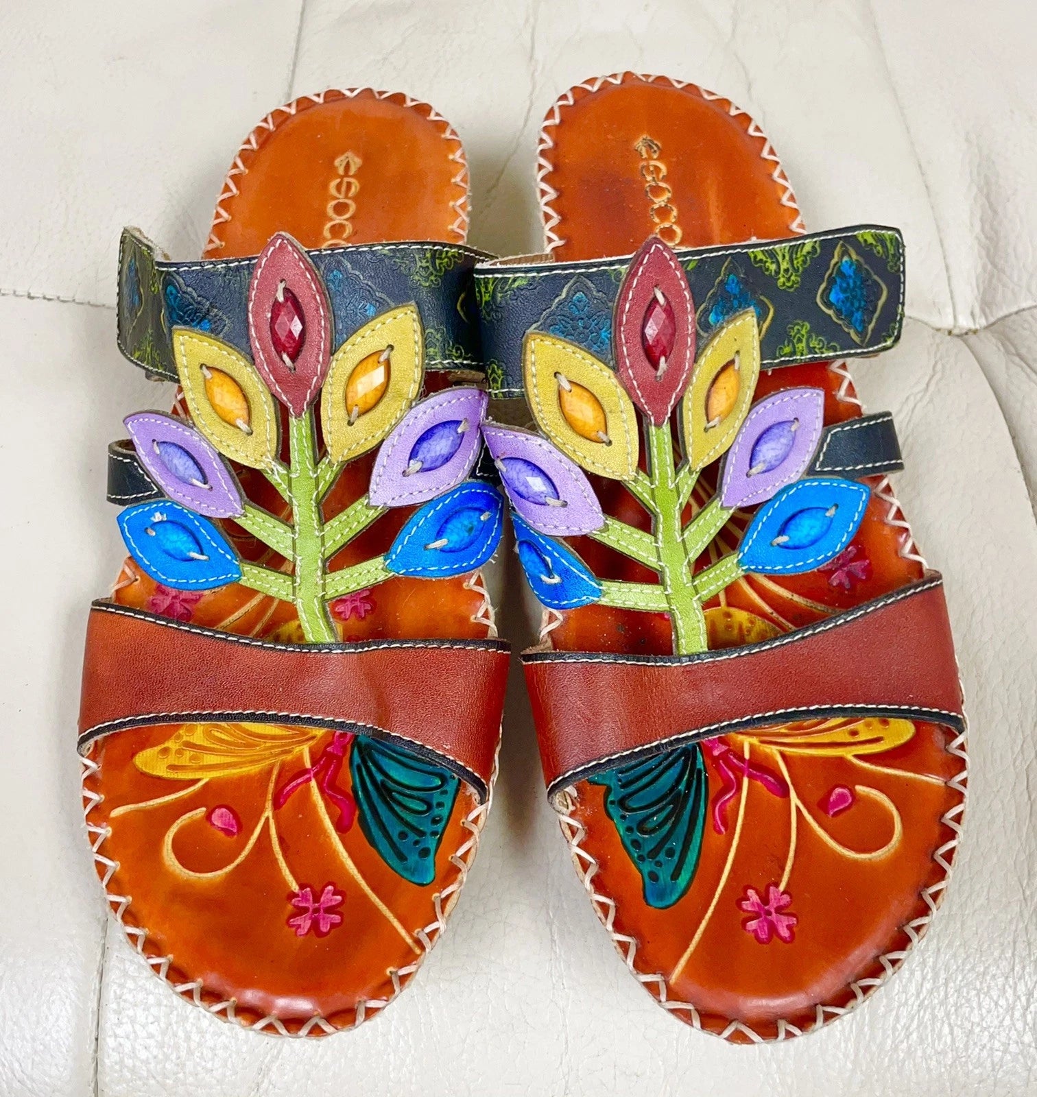 Socofy Colorful Sandals Women’s EU 42 US 10 Leather Leaf Cutout Style Slip On