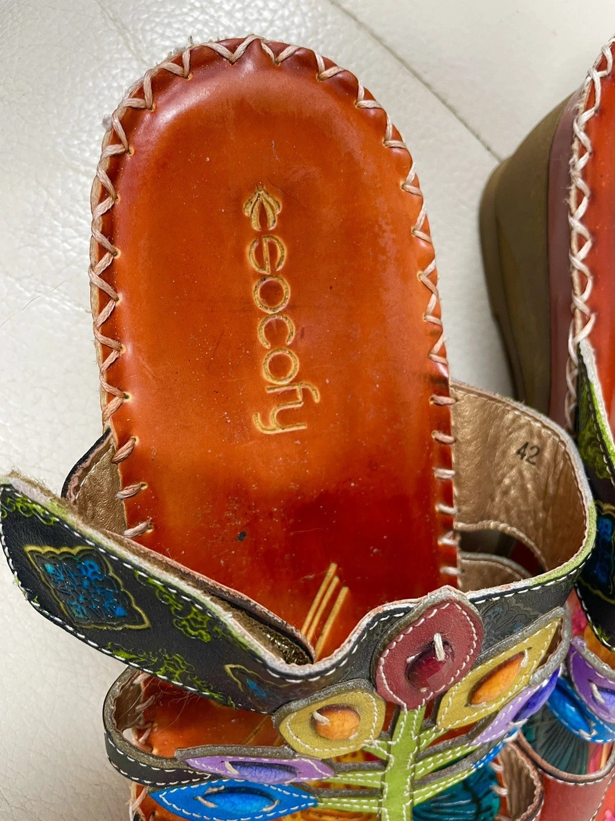 Socofy Colorful Sandals Women’s EU 42 US 10 Leather Leaf Cutout Style Slip On