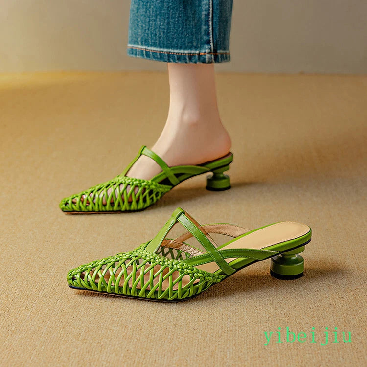 Women's Pointed Toe Hollow Out Weave Slides Mules Sandals Dress Shoes Leather OL