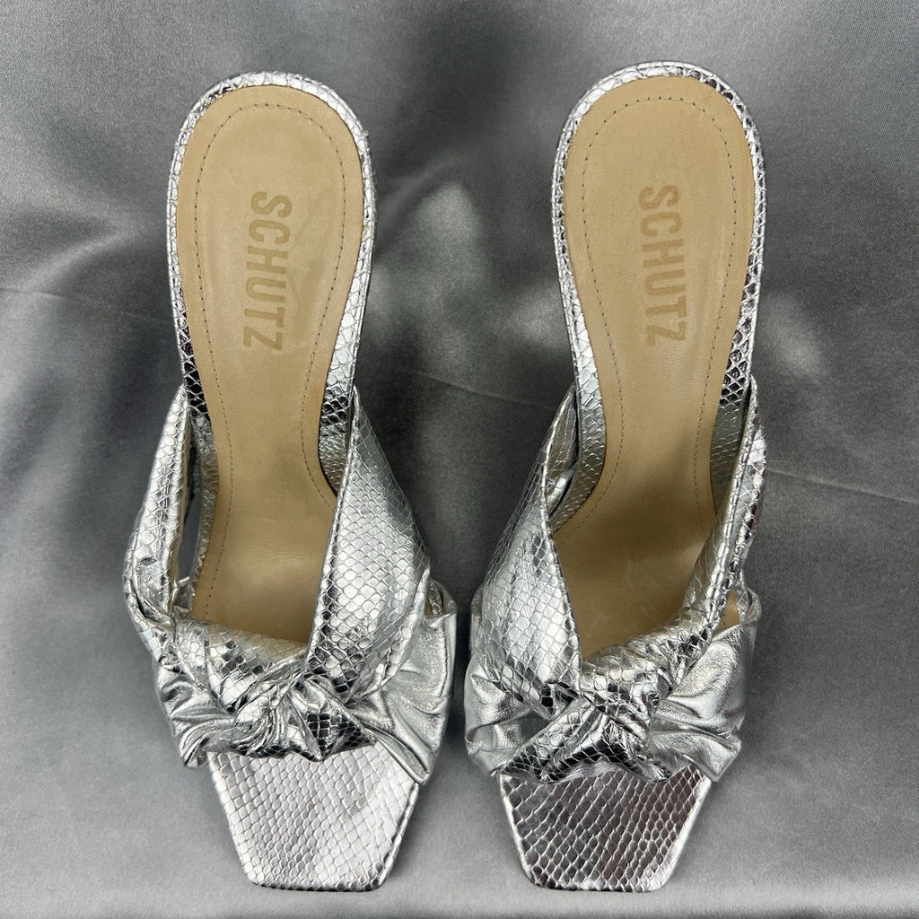 Schutz Mindy Sandals Women’s 9 Twist Knot Slide On Heels Metallic Silver Fashion