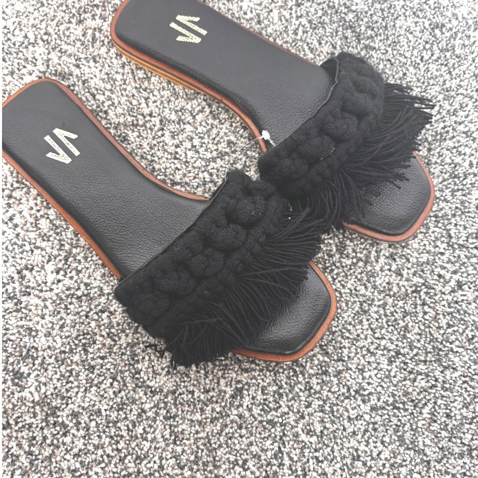 Silvia Cobos Black Candy Fringe Detail Square Toe Flat Slide Sandals
