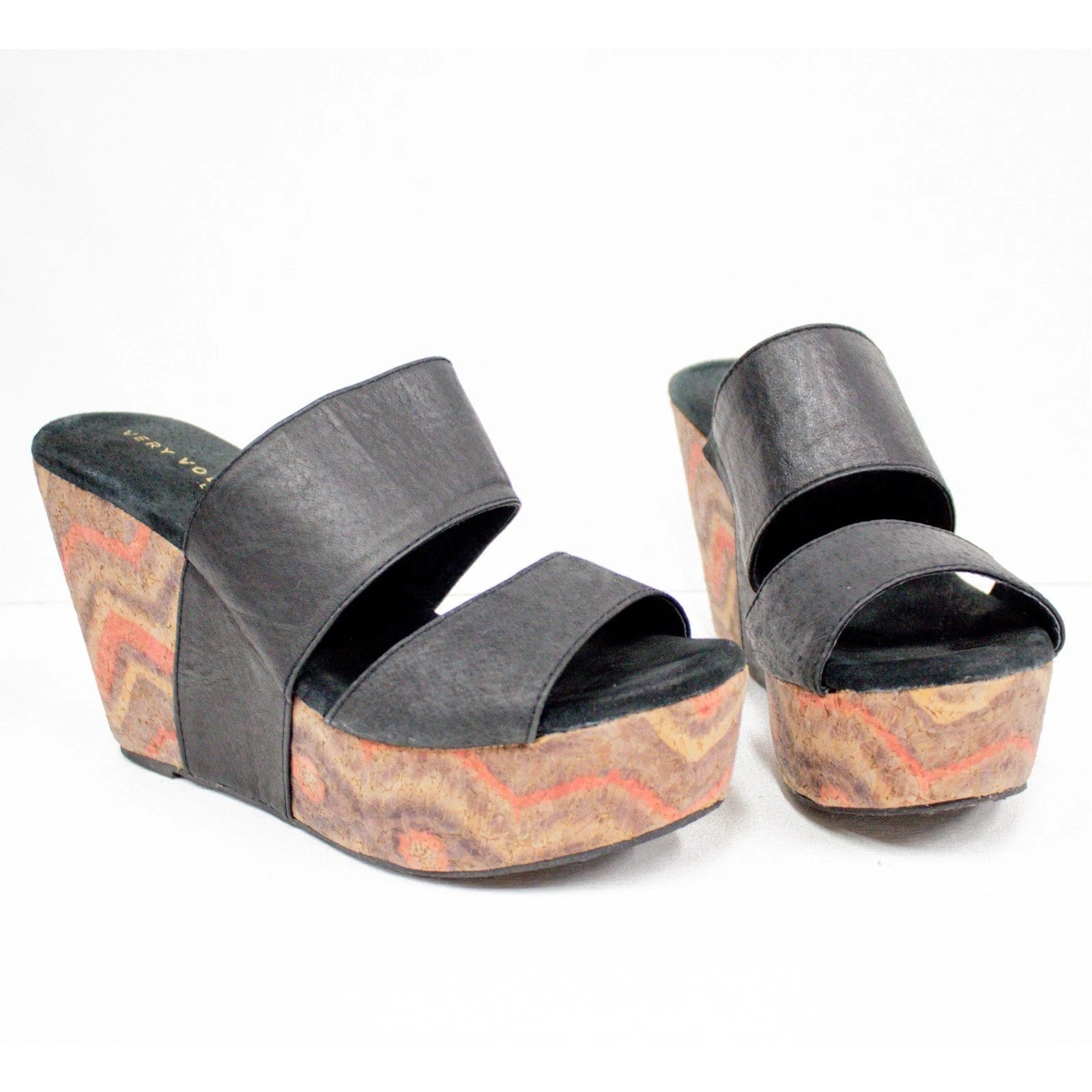 Very Volatile Los Angeles Wedge Sandals Black Leather Platform Women's Size 8