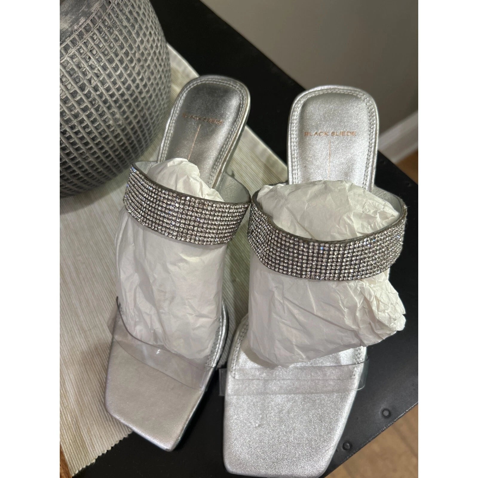 Black Suede Studio Cali SILVER Glitter Slide Sandal Womens Size 38.5