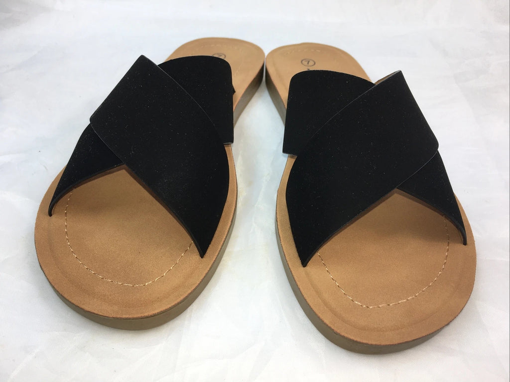 SODA-REFLECT-BLACK NUBUCK PU X BANDS Slide CASUAL Fashion Women Sandal Slip On