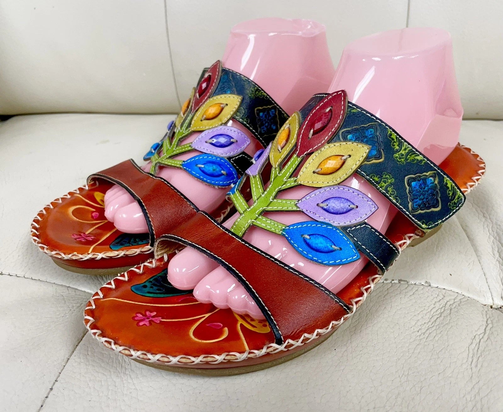 Socofy Colorful Sandals Women’s EU 42 US 10 Leather Leaf Cutout Style Slip On