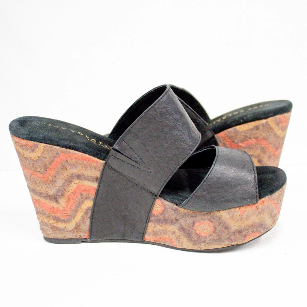 Very Volatile Los Angeles Wedge Sandals Black Leather Platform Women's Size 8