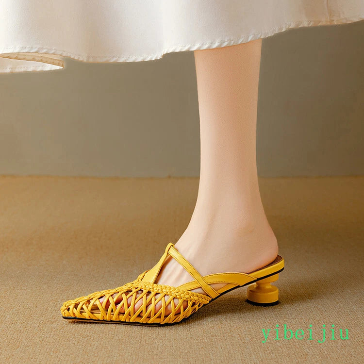 Women's Pointed Toe Hollow Out Weave Slides Mules Sandals Dress Shoes Leather OL