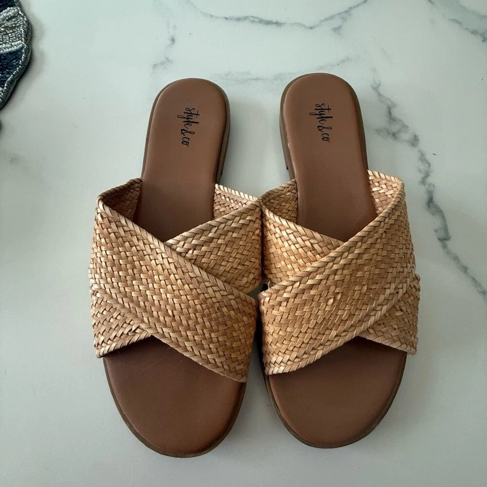 Style & Co. Women's Tan Woven Slide Sandals Size 7