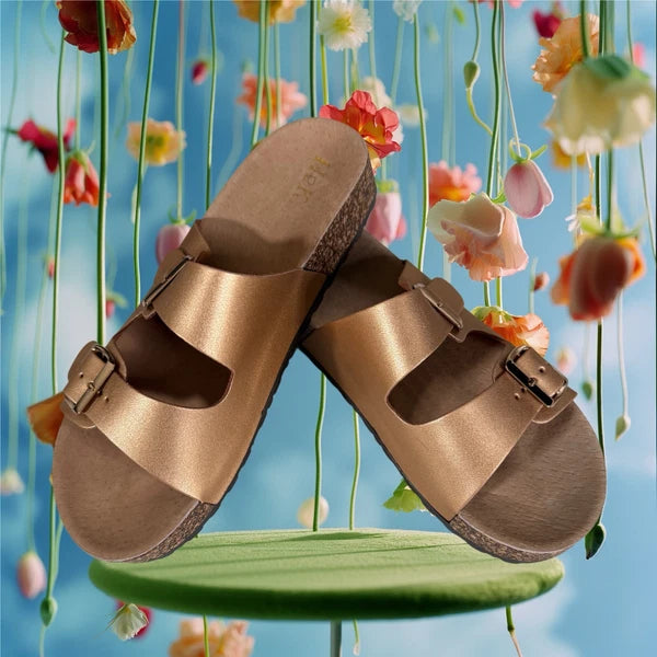 H2K KAREN STONE Buckle Ornament Gold Fashion Slides Flip Flops Sandals