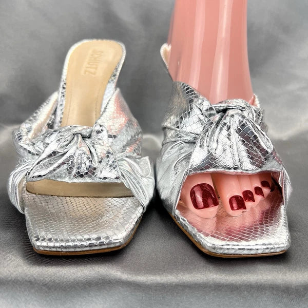 Schutz Mindy Sandals Women’s 9 Twist Knot Slide On Heels Metallic Silver Fashion