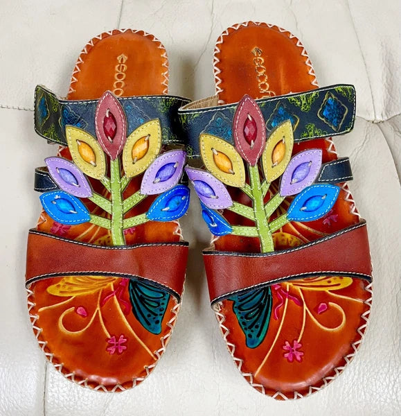 Socofy Colorful Sandals Women’s EU 42 US 10 Leather Leaf Cutout Style Slip On