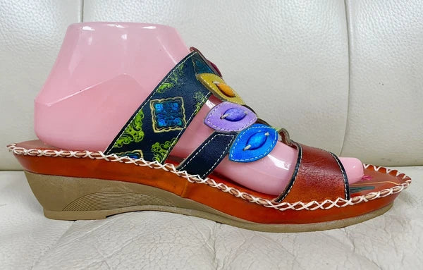Socofy Colorful Sandals Women’s EU 42 US 10 Leather Leaf Cutout Style Slip On