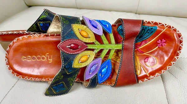 Socofy Colorful Sandals Women’s EU 42 US 10 Leather Leaf Cutout Style Slip On