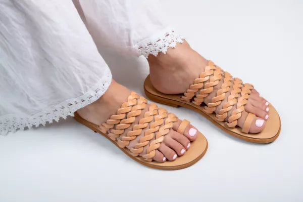 Ancient Greek style beige braidedr strappy real leather slide sandals handmade