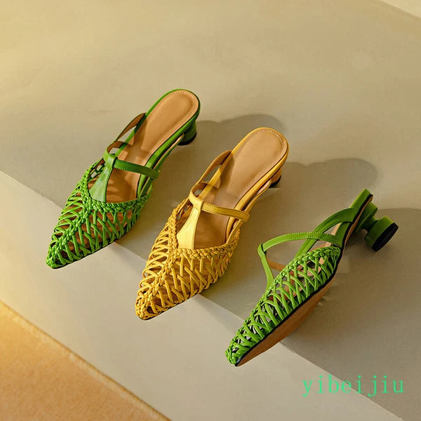 Women's Pointed Toe Hollow Out Weave Slides Mules Sandals Dress Shoes Leather OL