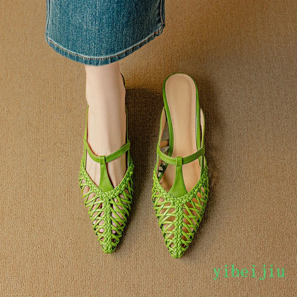 Women's Pointed Toe Hollow Out Weave Slides Mules Sandals Dress Shoes Leather OL