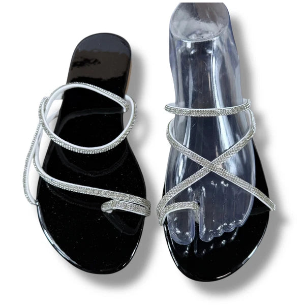 Boutique Rhinestone Sandals Women's Thong Strap Diamante Flat Sandal Slides Sz 9