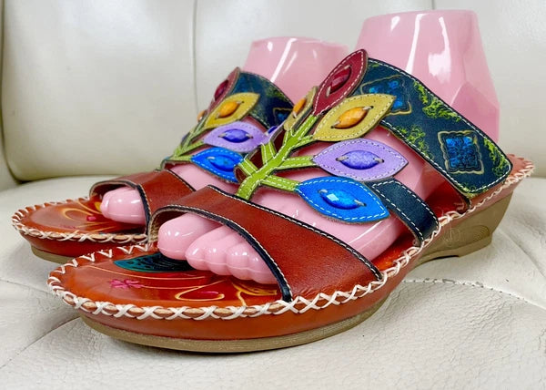 Socofy Colorful Sandals Women’s EU 42 US 10 Leather Leaf Cutout Style Slip On