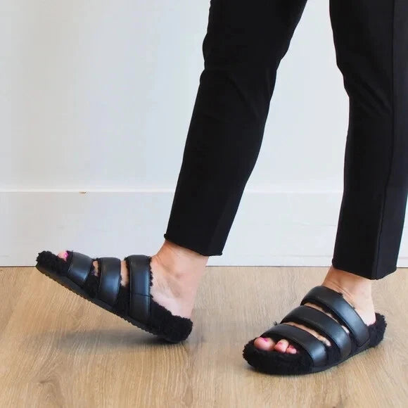ROAM NIB $139 Black 3 Strap Faux Leather Fuzzy Slide Sandals Sz 6