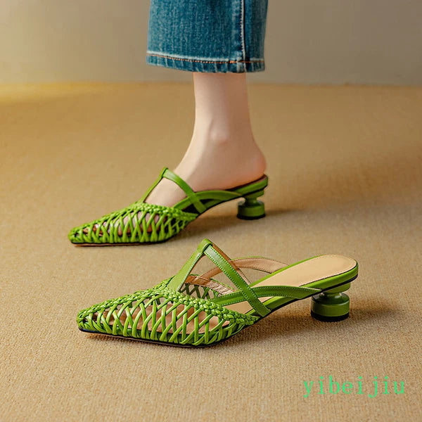 Women's Pointed Toe Hollow Out Weave Slides Mules Sandals Dress Shoes Leather OL
