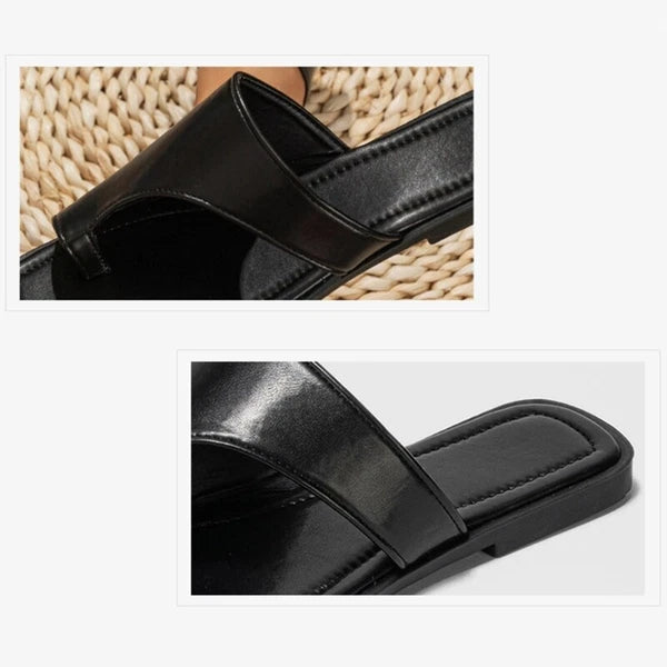 Women Summer Flat Sandals Split Toe PU Leather Fashion Beach Slide Flip Flops