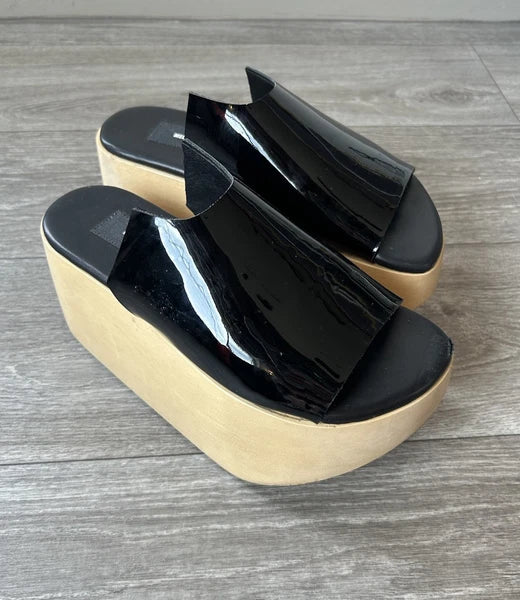 MELITTA BAUMEISTER Wood Platform Patent Leather Slide Sandals Designer Shoes 7