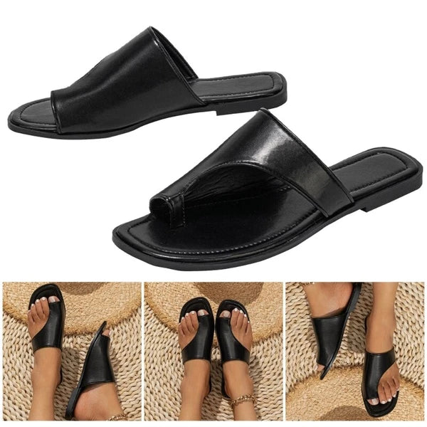 Women Summer Flat Sandals Split Toe PU Leather Fashion Beach Slide Flip Flops