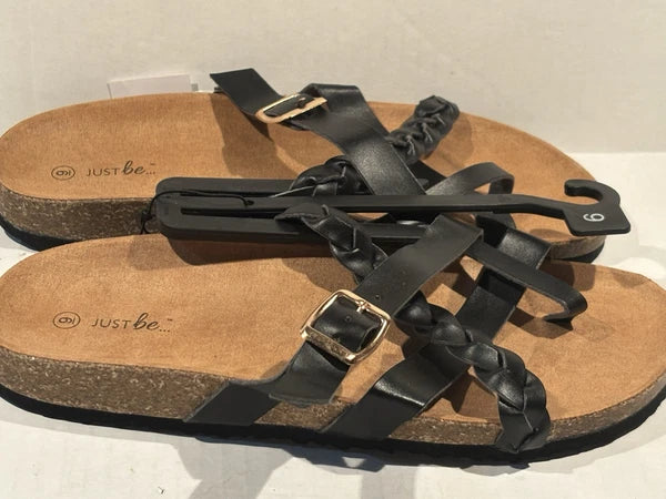 Sandals Black Womens Just Be Buckle Cork Style Bottoms Non Slip Faux Leather NWT