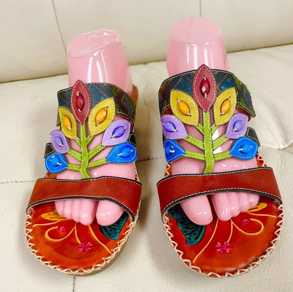 Socofy Colorful Sandals Women’s EU 42 US 10 Leather Leaf Cutout Style Slip On