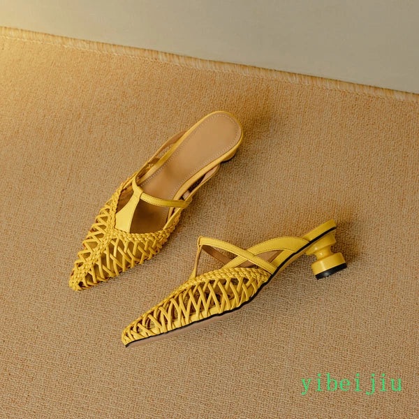 Women's Pointed Toe Hollow Out Weave Slides Mules Sandals Dress Shoes Leather OL