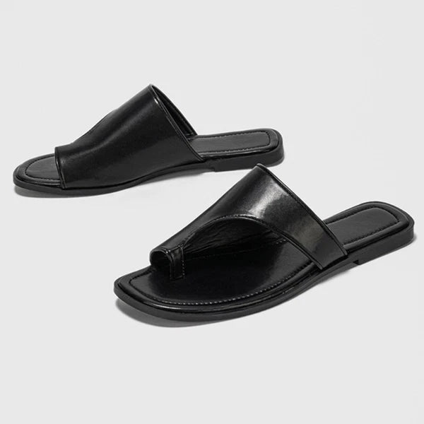 Women Summer Flat Sandals Split Toe PU Leather Fashion Beach Slide Flip Flops