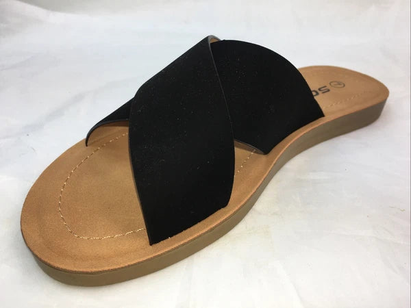 SODA-REFLECT-BLACK NUBUCK PU X BANDS Slide CASUAL Fashion Women Sandal Slip On