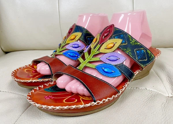 Socofy Colorful Sandals Women’s EU 42 US 10 Leather Leaf Cutout Style Slip On