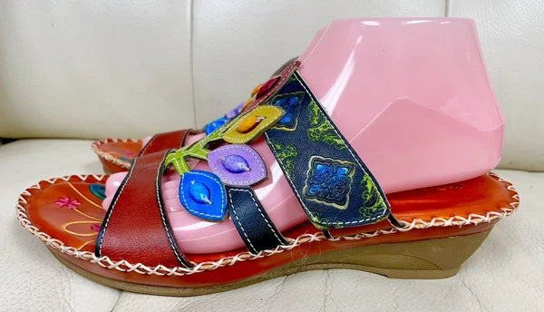 Socofy Colorful Sandals Women’s EU 42 US 10 Leather Leaf Cutout Style Slip On
