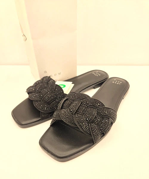New Day Women's Black Maggie Rhinestone Memory Foam Blingy Slide Sandals 10 NWT