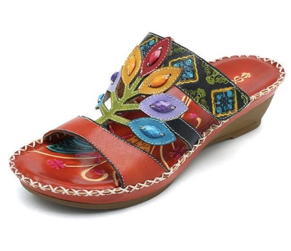 Socofy Colorful Sandals Women’s EU 42 US 10 Leather Leaf Cutout Style Slip On