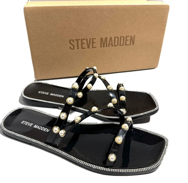 Steve Madden Nonii Womens Sz 10 Jelly Pearl Bling Rhinestone Slide Sandals Black
