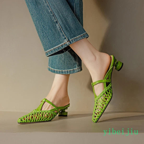 Women's Pointed Toe Hollow Out Weave Slides Mules Sandals Dress Shoes Leather OL