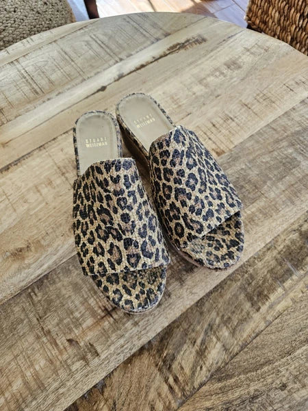 Stuart Weitzman Womens Flatout Leopard Canvas Raffia Flatform Slide Sandals 8.5
