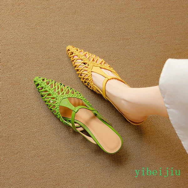 Women's Pointed Toe Hollow Out Weave Slides Mules Sandals Dress Shoes Leather OL