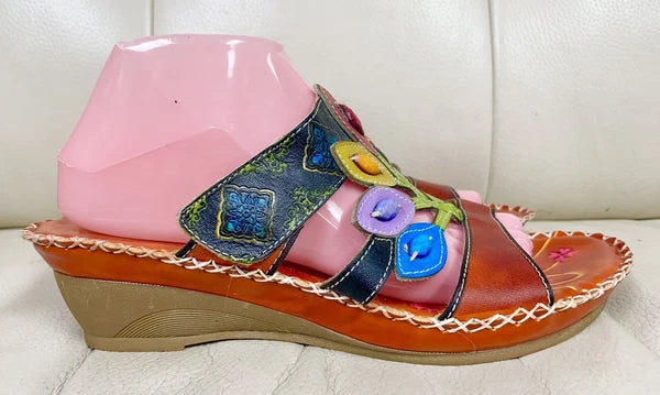 Socofy Colorful Sandals Women’s EU 42 US 10 Leather Leaf Cutout Style Slip On