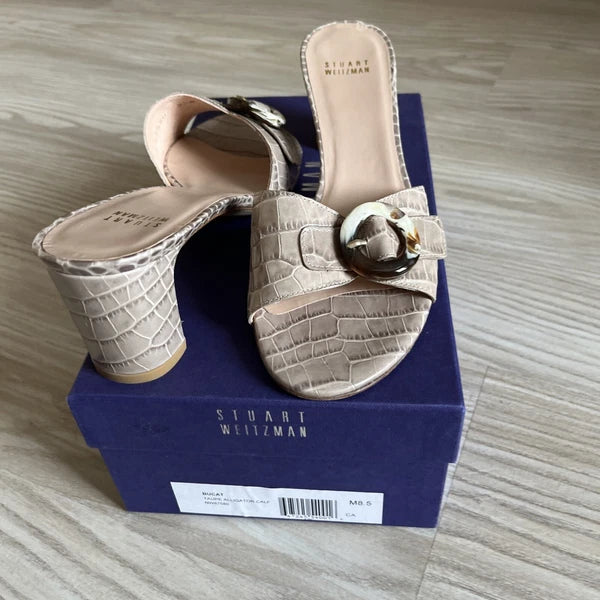 STUART WEITZMAN Style 87580 Taupe Croc Embossed Leather Heels Sandals Size 8.5M