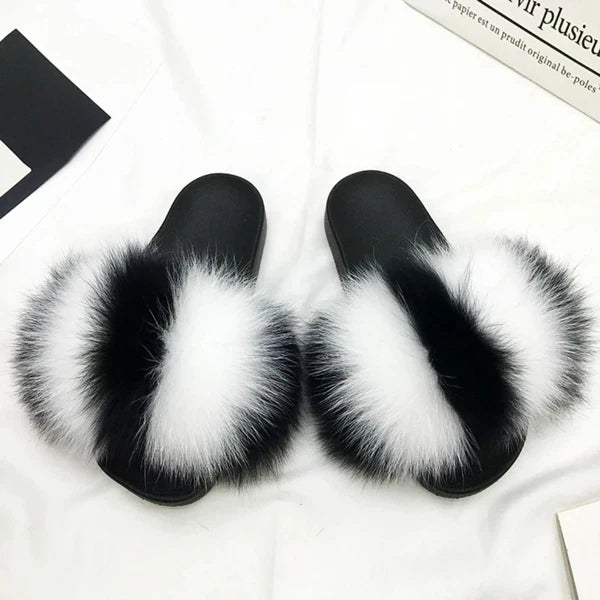 Summer Furry Slippers Women Fluffy Fox Fur Slides Fashion Luxury Raccoon Flop